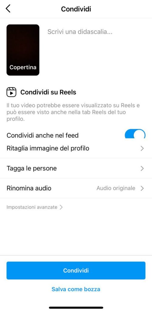 Instagram Reel: schermata di condivisione